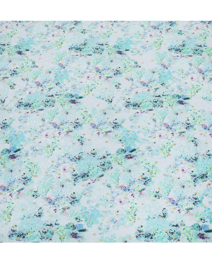 Powder blue Premium pure silk crepe fabric with multicolor print having gold metallic lurex dots in floral design-D15726 - Regal Fabrics