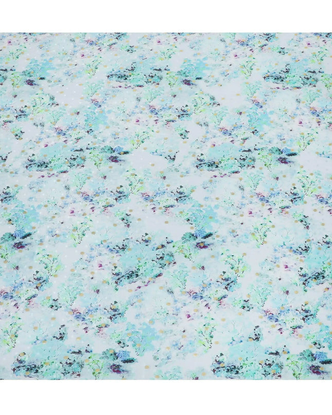 Powder blue Premium pure silk crepe fabric with multicolor print having gold metallic lurex dots in floral design-D15726 Regal Fabrics