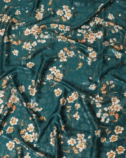Bottle green Premium pure silk crepe fabric with same tone jacquard having multicolor print in floral design-D15728