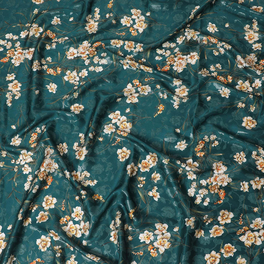 Bottle green Premium pure silk crepe fabric with same tone jacquard having multicolor print in floral design-D15728