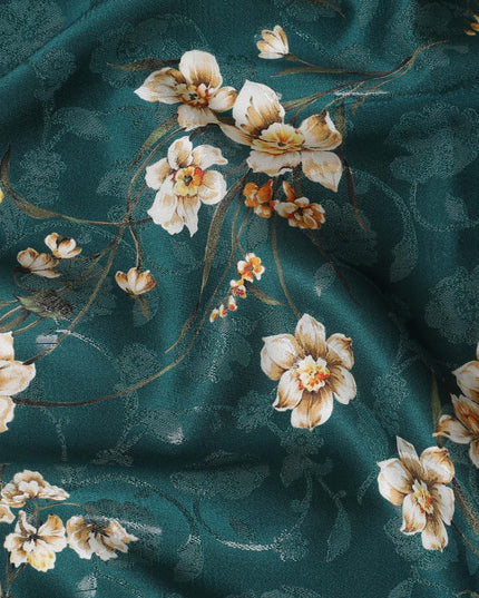 Bottle green Premium pure silk crepe fabric with same tone jacquard having multicolor print in floral design-D15728