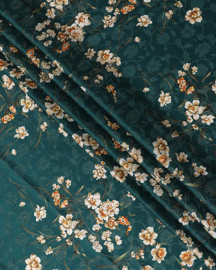 Bottle green Premium pure silk crepe fabric with same tone jacquard having multicolor print in floral design-D15728