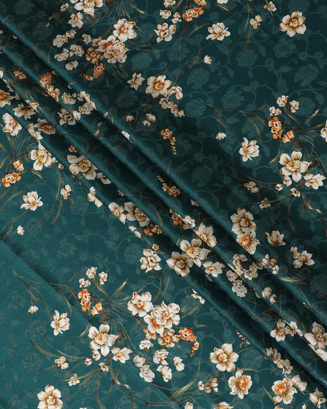 قماش كريب حريري نقي فاخر باللون الأخضر مع جاكار بنفس اللون مع طباعة متعددة الألوان بتصميم زهور-D15728