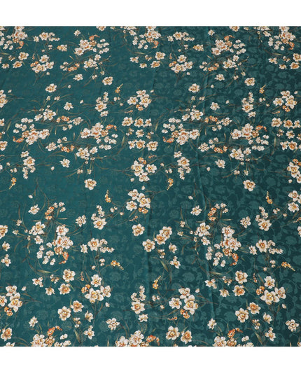 Bottle green Premium pure silk crepe fabric with same tone jacquard having multicolor print in floral design-D15728