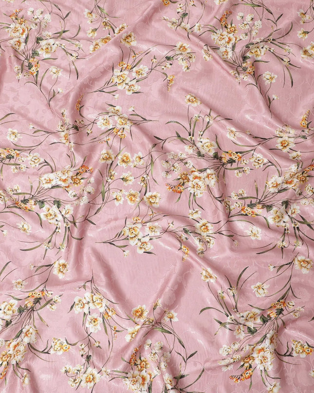 Rose pink Premium pure silk crepe fabric with same tone jacquard having multicolor print in floral design-D15729 Regal Fabrics