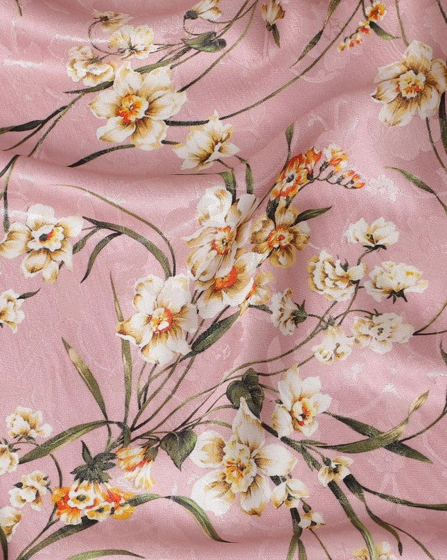Rose pink Premium pure silk crepe fabric with same tone jacquard having multicolor print in floral design-D15729 Regal Fabrics