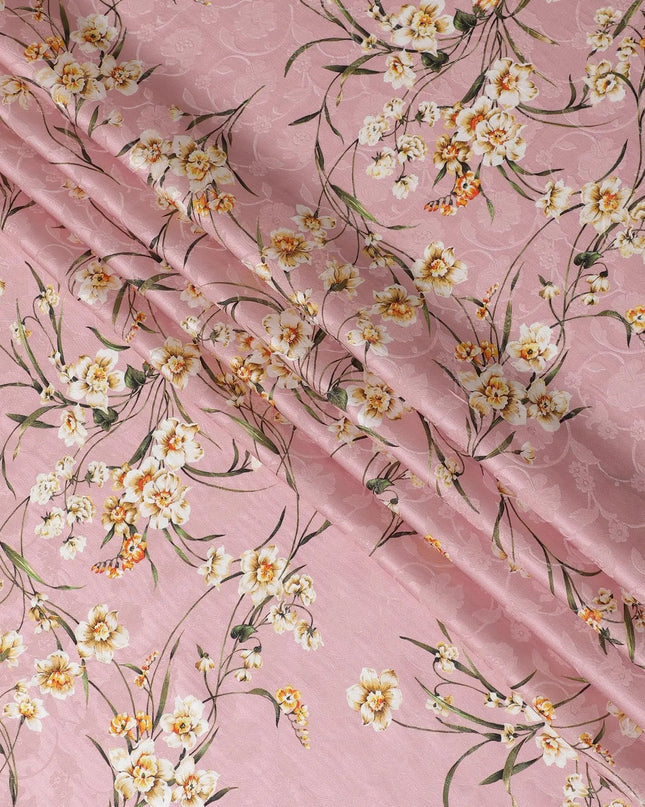 Rose pink Premium pure silk crepe fabric with same tone jacquard having multicolor print in floral design-D15729 Regal Fabrics