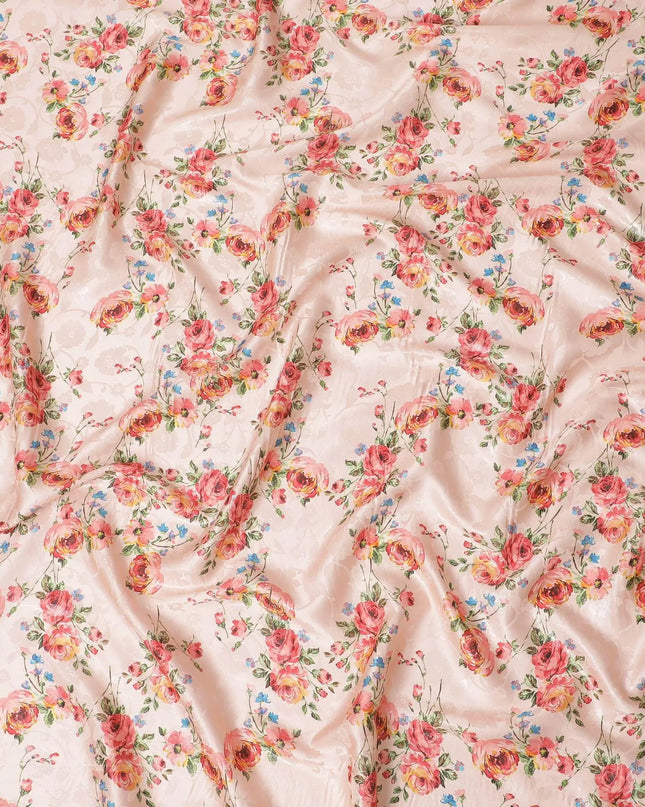 Salmon peach Premium pure silk crepe fabric with same tone jacquard having multicolor print in floral design-D15730 Regal Fabrics