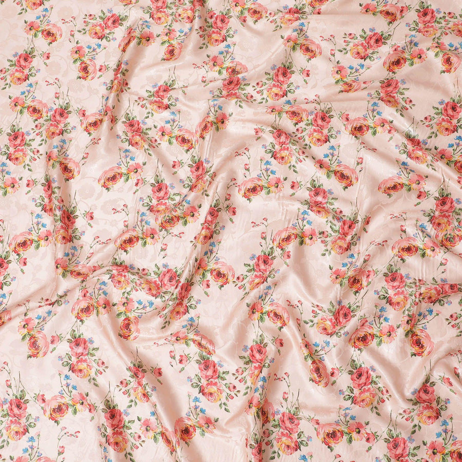 Salmon peach Premium pure silk crepe fabric with same tone jacquard having multicolor print in floral design-D15730 - Regal Fabrics