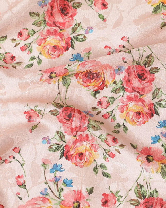 Salmon peach Premium pure silk crepe fabric with same tone jacquard having multicolor print in floral design-D15730 Regal Fabrics