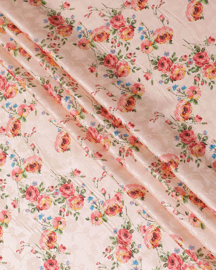Salmon peach Premium pure silk crepe fabric with same tone jacquard having multicolor print in floral design-D15730 - Regal Fabrics