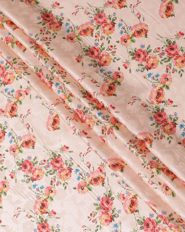Salmon peach Premium pure silk crepe fabric with same tone jacquard having multicolor print in floral design-D15730 Regal Fabrics
