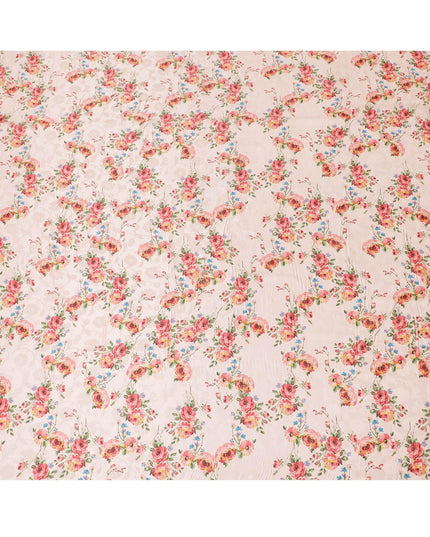 Salmon peach Premium pure silk crepe fabric with same tone jacquard having multicolor print in floral design-D15730 - Regal Fabrics