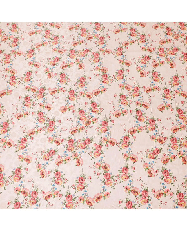 Salmon peach Premium pure silk crepe fabric with same tone jacquard having multicolor print in floral design-D15730 Regal Fabrics