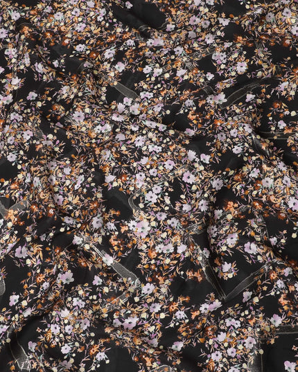 قماش كريب حريري خالص أسود فاخر مع طباعة متعددة الألوان مع لوريكس معدني ذهبي بتصميم زهور-D15731