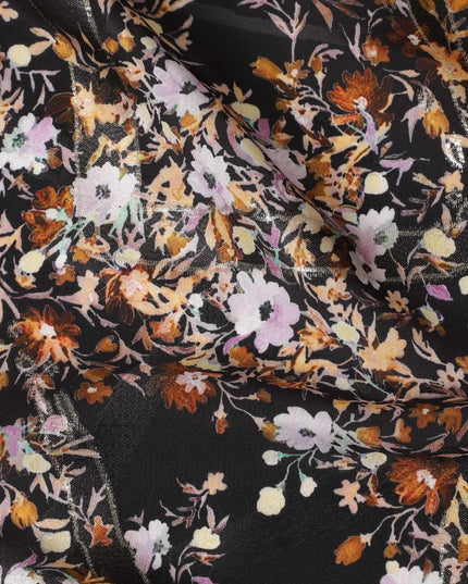 قماش كريب حريري خالص أسود فاخر مع طباعة متعددة الألوان مع لوريكس معدني ذهبي بتصميم زهور-D15731