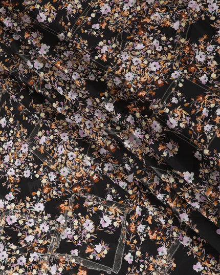 قماش كريب حريري خالص أسود فاخر مع طباعة متعددة الألوان مع لوريكس معدني ذهبي بتصميم زهور-D15731