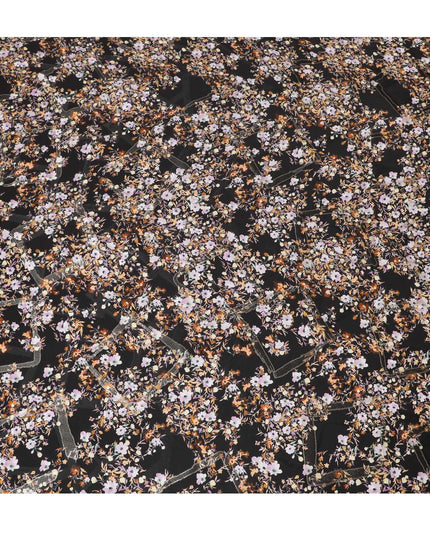 قماش كريب حريري خالص أسود فاخر مع طباعة متعددة الألوان مع لوريكس معدني ذهبي بتصميم زهور-D15731