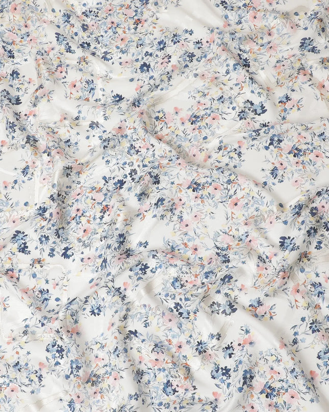 Off white Premium pure silk crepe fabric with multicolor print having gold metallic lurex in floral design-D15732 Regal Fabrics