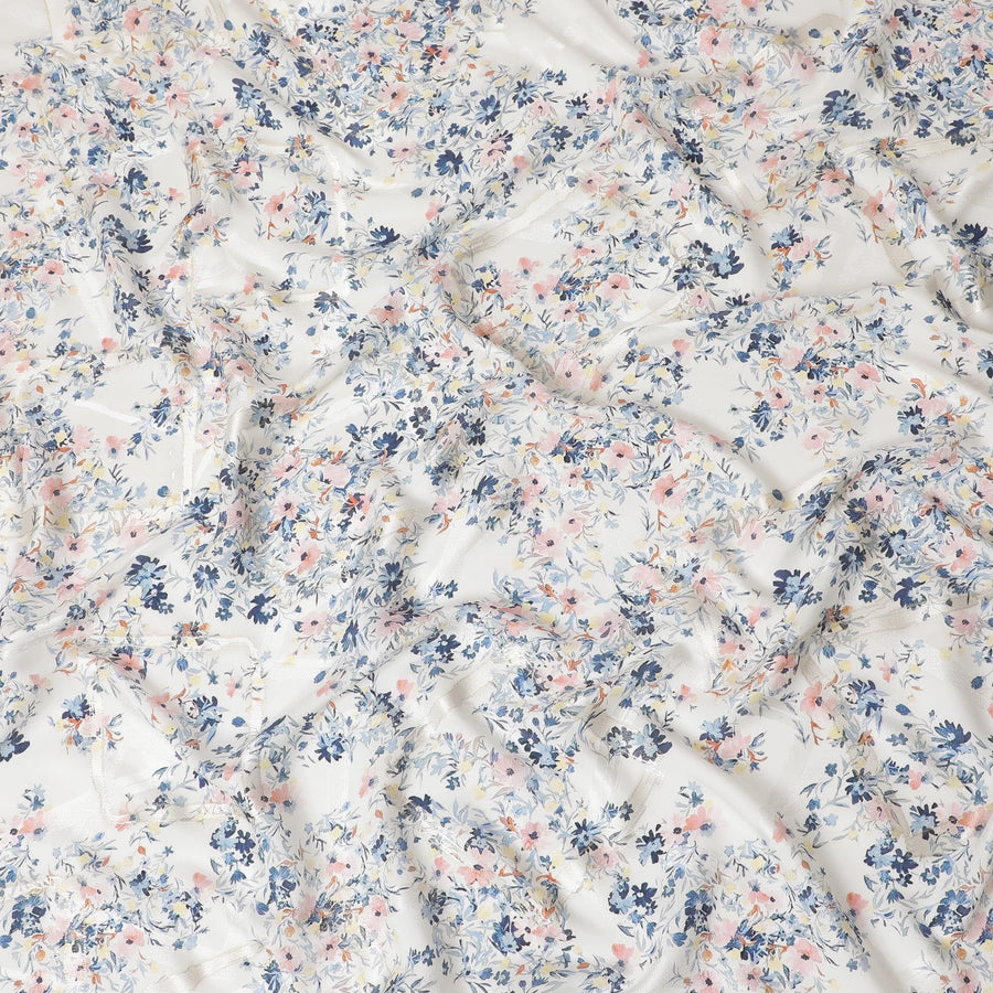 Off white Premium pure silk crepe fabric with multicolor print having gold metallic lurex in floral design-D15732 - Regal Fabrics