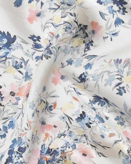 Off white Premium pure silk crepe fabric with multicolor print having gold metallic lurex in floral design-D15732 - Regal Fabrics