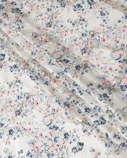 Off white Premium pure silk crepe fabric with multicolor print having gold metallic lurex in floral design-D15732 - Regal Fabrics