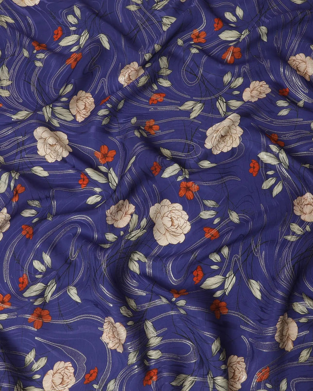 Royal blue Premium pure silk crepe fabric with multicolor print having gold metallic lurex in floral design-D15733 Regal Fabrics