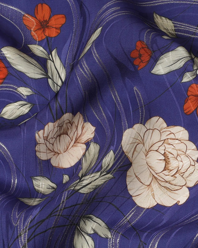 Royal blue Premium pure silk crepe fabric with multicolor print having gold metallic lurex in floral design-D15733 Regal Fabrics