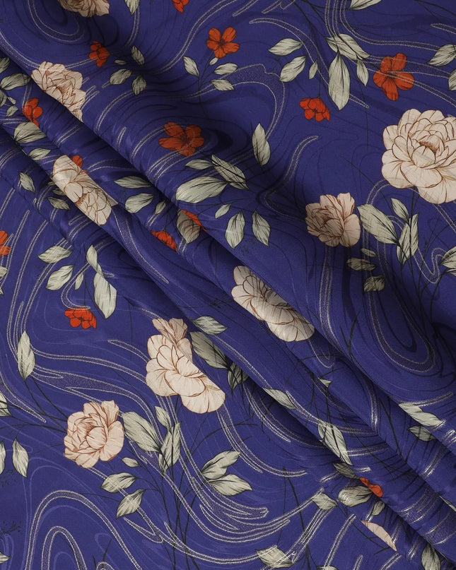Royal blue Premium pure silk crepe fabric with multicolor print having gold metallic lurex in floral design-D15733 Regal Fabrics