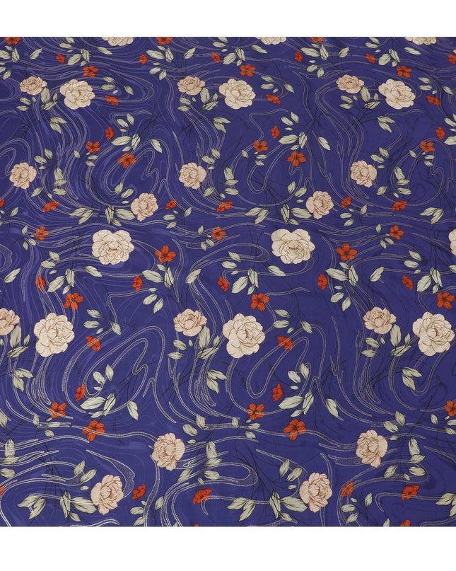 Royal blue Premium pure silk crepe fabric with multicolor print having gold metallic lurex in floral design-D15733 Regal Fabrics