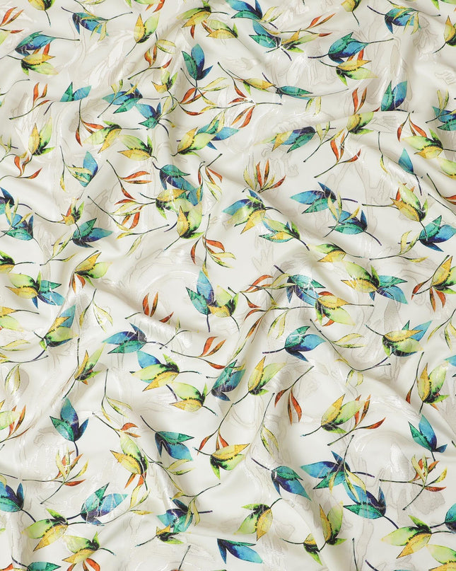 Beige Premium pure silk crepe fabric with multicolor print having gold metallic lurex in floral design-D15735