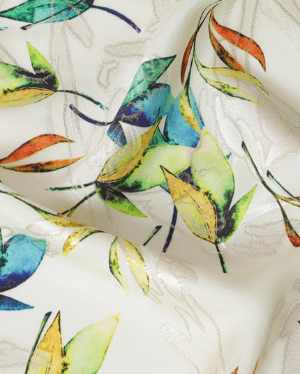 Beige Premium pure silk crepe fabric with multicolor print having gold metallic lurex in floral design-D15735