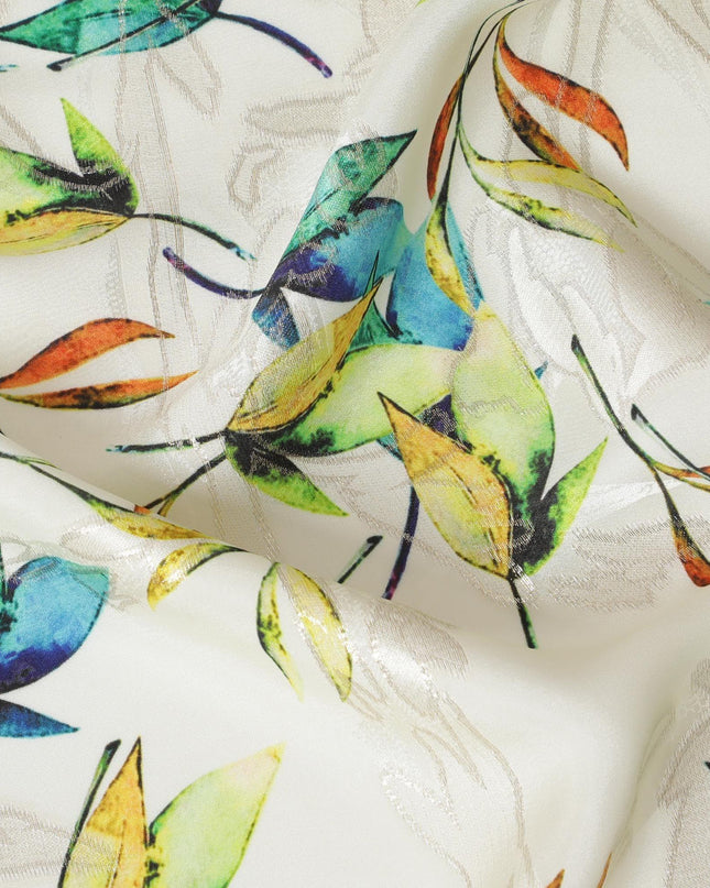 Beige Premium pure silk crepe fabric with multicolor print having gold metallic lurex in floral design-D15735