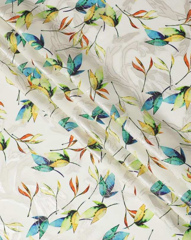 Beige Premium pure silk crepe fabric with multicolor print having gold metallic lurex in floral design-D15735