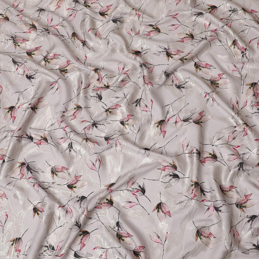 Pale brown Premium pure silk crepe fabric with multicolor print having gold metallic lurex in floral design-D15736 - Regal Fabrics