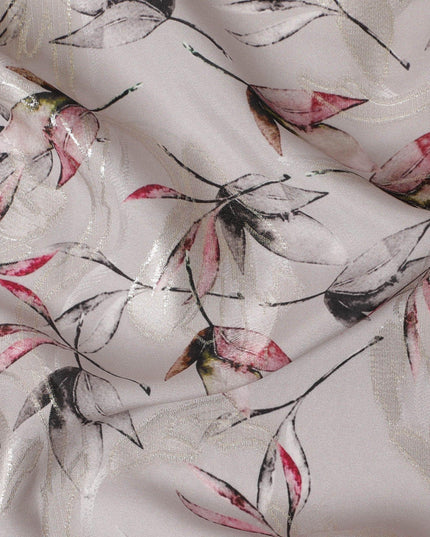 Pale brown Premium pure silk crepe fabric with multicolor print having gold metallic lurex in floral design-D15736 - Regal Fabrics