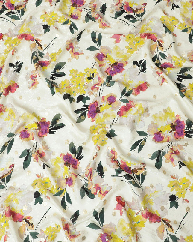 Light gold Premium pure silk crepe fabric with same tone jacquard having multicolor print gold metallic lurex in floral design-D15739