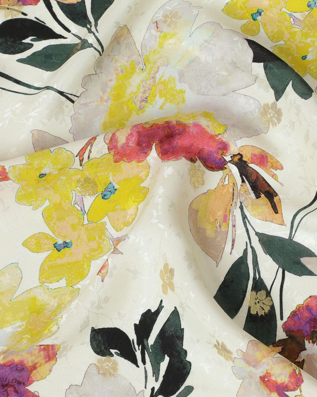 Light gold Premium pure silk crepe fabric with same tone jacquard having multicolor print gold metallic lurex in floral design-D15739