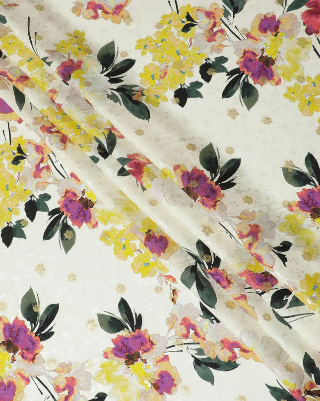 Light gold Premium pure silk crepe fabric with same tone jacquard having multicolor print gold metallic lurex in floral design-D15739