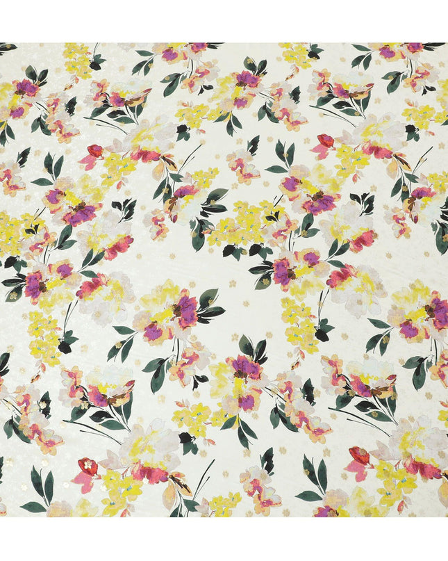 Light gold Premium pure silk crepe fabric with same tone jacquard having multicolor print gold metallic lurex in floral design-D15739