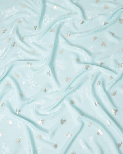 Powder blue Premium pure silk crepe fabric with same tone jacquard having gold metallic lurex in floral design-D15743 - Regal Fabrics