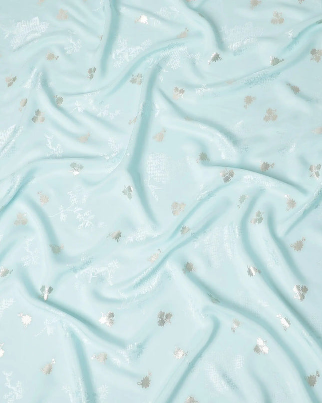 Powder blue Premium pure silk crepe fabric with same tone jacquard having gold metallic lurex in floral design-D15743 Regal Fabrics