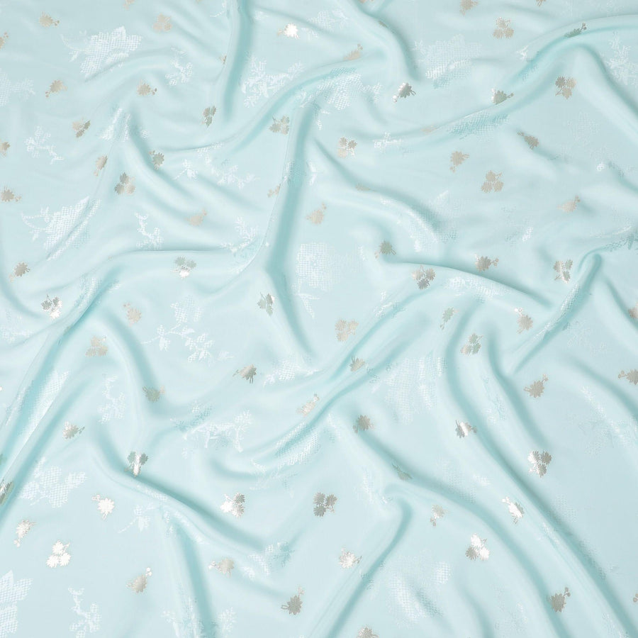 Powder blue Premium pure silk crepe fabric with same tone jacquard having gold metallic lurex in floral design-D15743 - Regal Fabrics