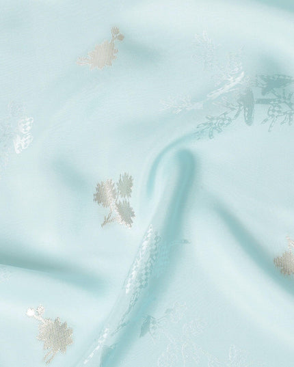 Powder blue Premium pure silk crepe fabric with same tone jacquard having gold metallic lurex in floral design-D15743 - Regal Fabrics