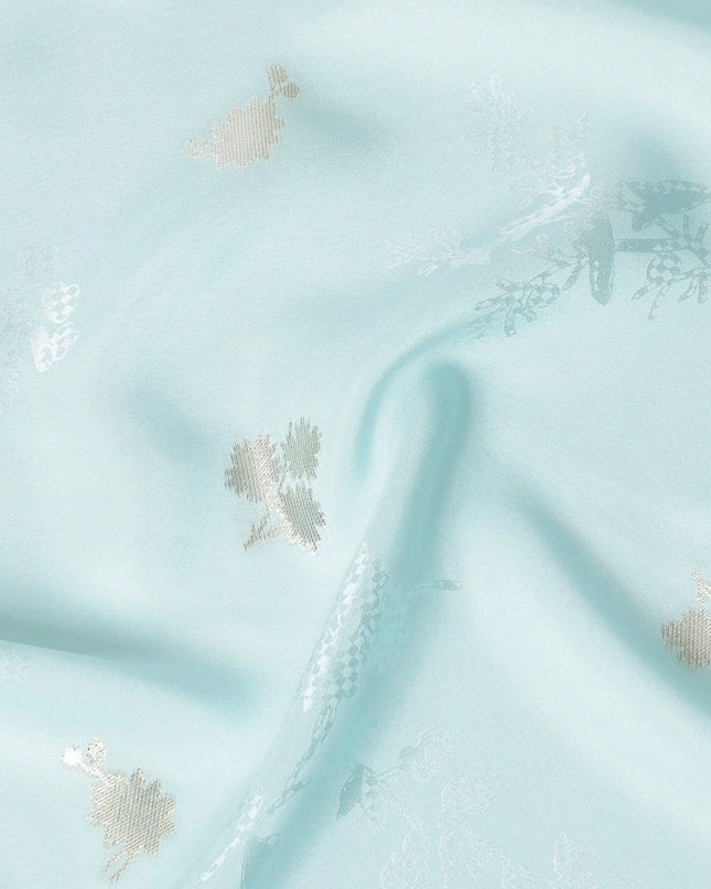 Powder blue Premium pure silk crepe fabric with same tone jacquard having gold metallic lurex in floral design-D15743 Regal Fabrics