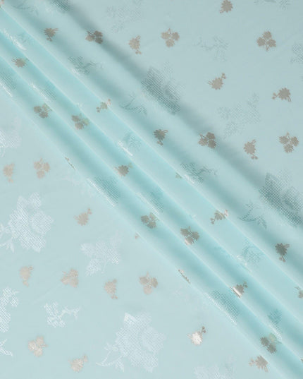 Powder blue Premium pure silk crepe fabric with same tone jacquard having gold metallic lurex in floral design-D15743 - Regal Fabrics