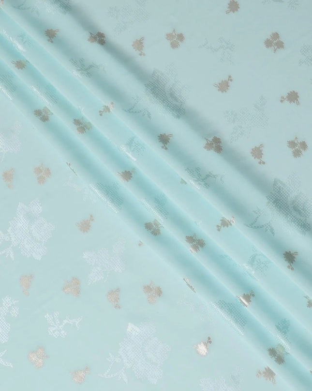 Powder blue Premium pure silk crepe fabric with same tone jacquard having gold metallic lurex in floral design-D15743 Regal Fabrics