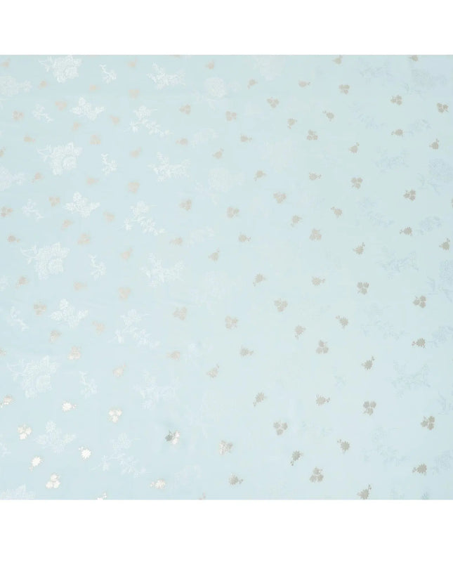Powder blue Premium pure silk crepe fabric with same tone jacquard having gold metallic lurex in floral design-D15743 Regal Fabrics