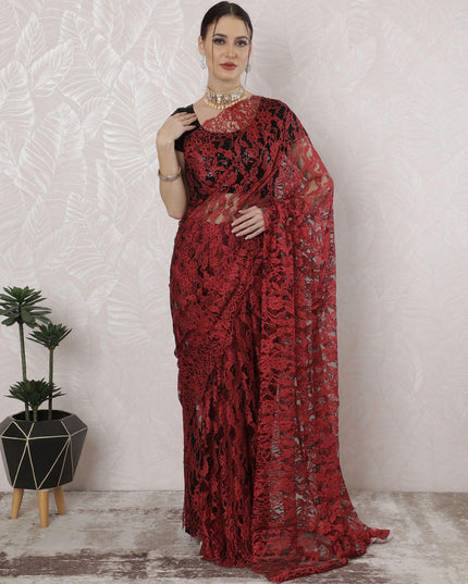 Crimson red, black Premium pure French two tone chantilly lace saree in floral design-D163661 Regal Fabrics