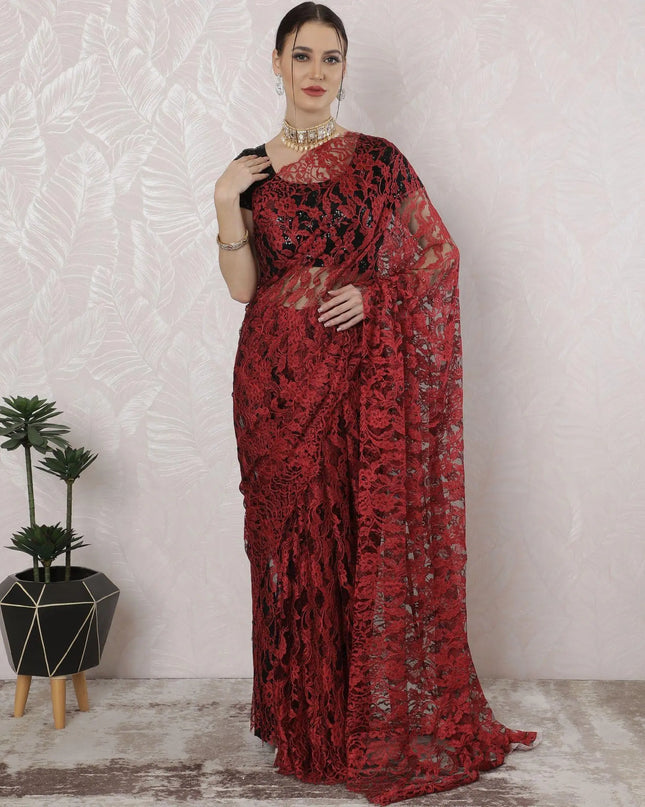 Crimson red, black Premium pure French two tone chantilly lace saree in floral design-D163661 Regal Fabrics
